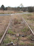 Points separate across a sealed road at 228km on the Crookwell line.