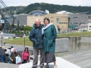 Dad and Mum on the footbridge over Jervois Quay. In the background is Te Papa, the Museum of New Zealand. Behind that, Mount Victoria.