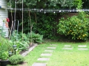 More of the back yard. On the left is the back of the garage. Next to it is the vegetable garden. The washing line hangs across towards the back fence. A lemon tree grows on the right.