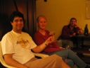 Mauricio, Jann, and Paul enjoying some wine in room 6 of the Sand Castle Motel.