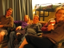Haydn, Denise, Nicholas, and Snaiet relaxing in room 6 of the Sand Castle Motel. Jann took this picture.