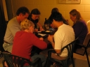 Jann, Paul, Snaiet, Haydn, Denise, and Mauricio play the word game 'Boggle'.