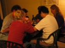 Jann, Paul, Snaiet, Haydn, Denise, and Mauricio continue to play the word game 'Boggle'.