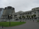 The 'beehive' and parliament buildings of New Zealand, on Molesworth Street, Wellington.