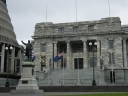 A closer shot of the main entrance to the main parliamentary building.
