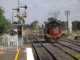 Diesel 7319 on the loop line as it runs around the train. In the background are the two lines towards Michelago (left) and Canberra (right).