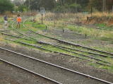 Sidings at Queanbeyan station as people wait to take photographs.
